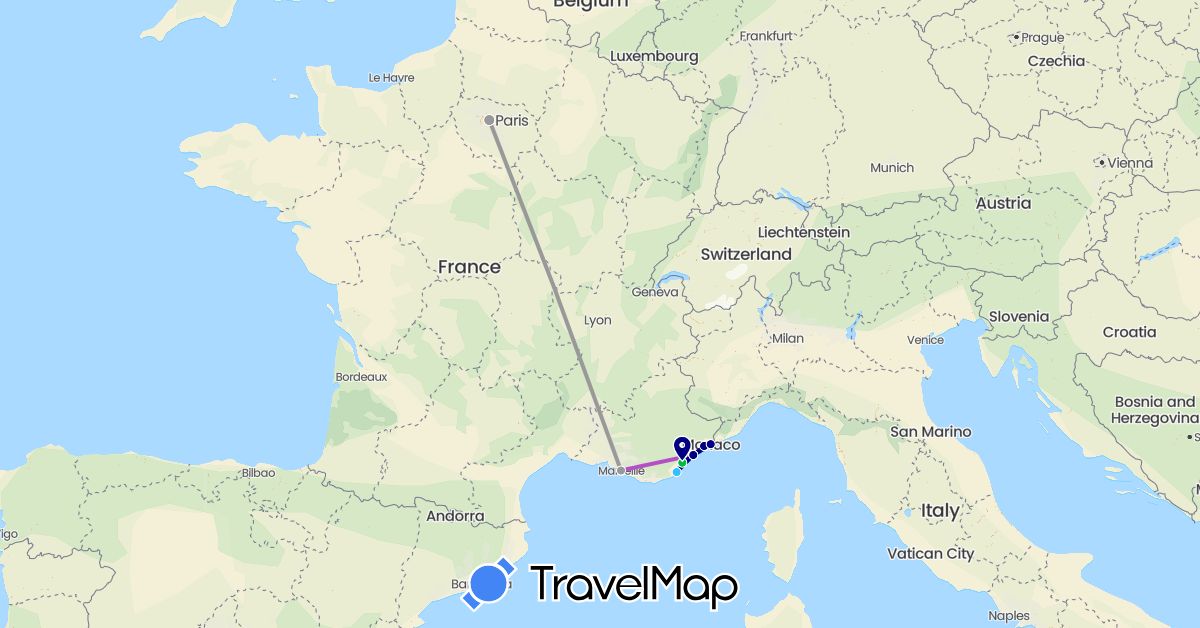 TravelMap itinerary: driving, bus, plane, train, boat in France, Monaco (Europe)